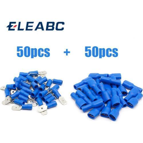 FDFD2-250*50 MDD2-250*50 16-14AWG BLUE Insulated Spade Crimp Wire Cable Connector Terminal Male/Female Kit 100PCS 50pair