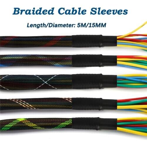 Length 5M 15mm Wire Cable Sleeving High Density Sheathing Insulation PET Nylon Braided Cable Sleeve Wire Protecting