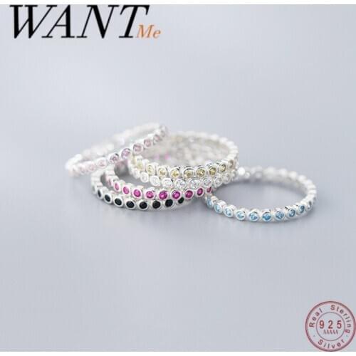 WANTME Genuine 925 Sterling Silver Minimalist Pave Colored Zircon Finger Ring for Fashion Women Teen Birthday Party Jewelry Gift