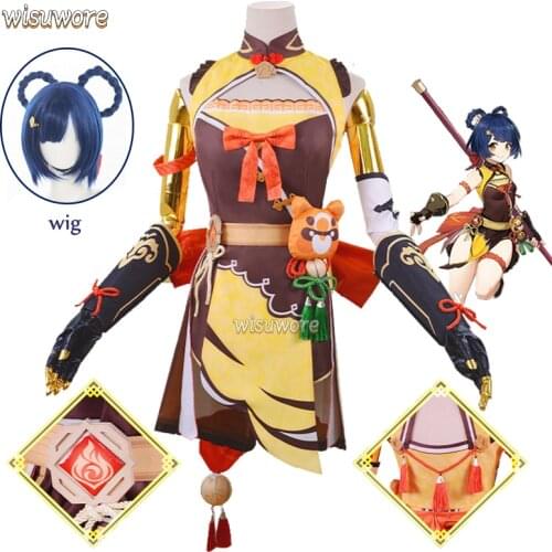 Game Genshin Impact Cosplay Costume Xiangling Wigs Anime Cosplay Dress Uniform Cheongsam Halloween Party Costumes for Women