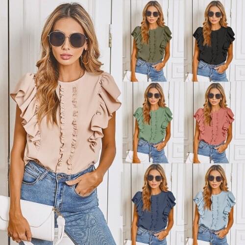 Summer Fashion Popular Versatile Round Neck Ruffle T-shirt Simple Offce Lady Blouse
