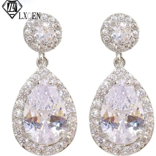 LXOEN Silver Color Zircon Drop Earrings for Women Water Drop Crystal Wedding Engagement Bridal Dangle Earring Jewelry Gift