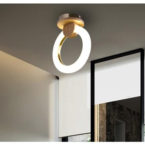 SGROW Nordic Art Deco Lampara Acrylic Ring Ceiling Light Fixtures Modern Wooden LED Lamp Indoor Lighting for Bedroom Living Room