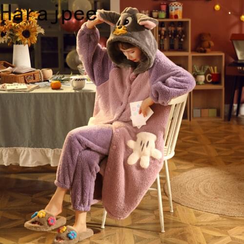 Harajpee 2021 New Coral Velvet Pajamas Womens Spring and Autumn Winter Thickened Nightgown Long Flannel Home Wear Clothes Suit