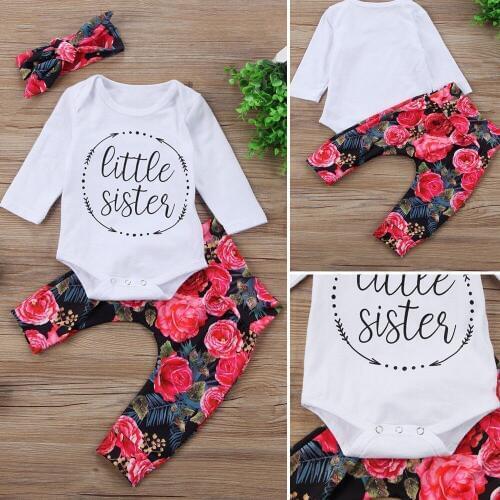 Girl Clothes Toddler Baby Girls Tops Romper Flower Pants 3Pcs Outfits Set Clothes