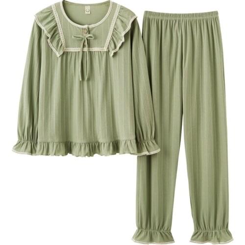 Princess Style Young Girls Pajamas Lovely Round Neck Sleepwear Long Sleeve Full Cotton Pyjamas Female Big Yards Leisure Outwear