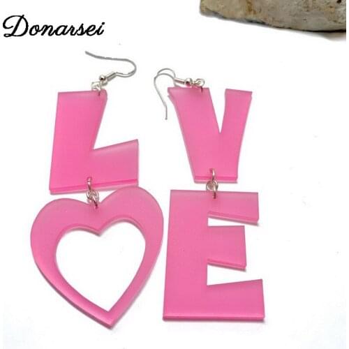 Donarsei Romantic Pink Color Letter Love Drop Earrings For Women Exggerated Alphabet Love Dangle Earrings Valentines Day Gift