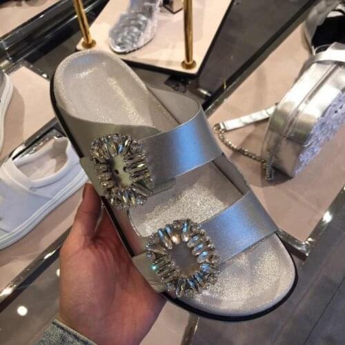 Women Summer Slippers Rhinestone Buckles Brand Design Slip on Thick Sole Flat Shoes Woman Outside Slides Beach Sandals Slippers