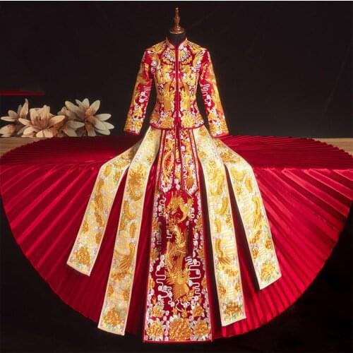 Flower Dragon Phoenix Embroidery Cheongsam Traditional Chinese Couple Wedding Suit Elegant Bride Marry Dress китайская одежда