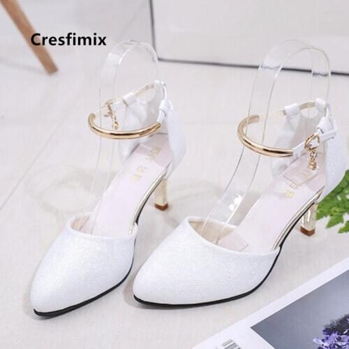 Cresfimix women fashion sweet white pu leather buckle strap high heel shoes ladies casual pink stiletto female party pumps a5776