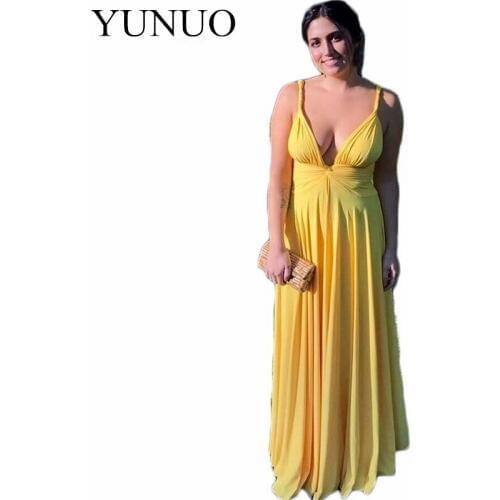 YuNuo Yellow Spandex Evening Dresses Deep V-Neck Sexy Sleeveless Formal Gowns 2019 Long Dress for Wedding Party for Woman N55