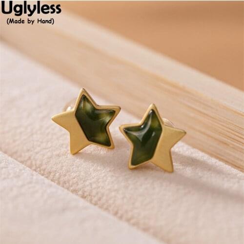 Uglyless 12MM Twinkle Little Stars MINI Studs Earrings for Women Natural Hetian Jade Earrings Gemstones 925 Silver Star Brincos