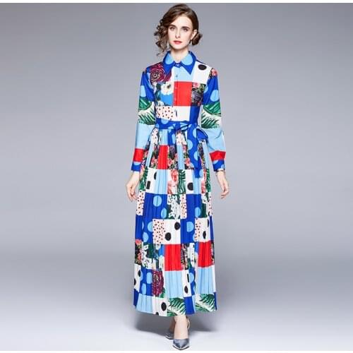 2021 Runway Autumn Women Blue Multicolor Print Pleated Long Dress Fashion Turn Down Collar Long Sleeve High Waist Holiday Dress
