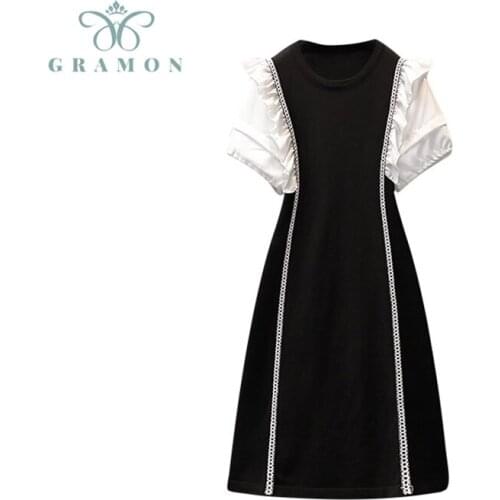 Plus Size Women Dress Korean Fashion Patchwork Crewneck Ruffles Puff Sleeve High Waist Loose Casual Dress Female 2021 Summer