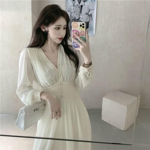 Women Autumn Vintage Elegant V Neck Long Chiffon Dress Slim Waist Pearl A-line Midi Princess Dresses