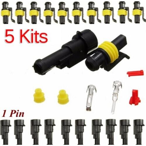5set Car Motorcycle 1 Pin Way Sealed Waterproof Electrical Wire Auto Connector Plug Set for HID LED Light fog lamp