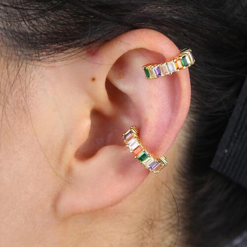 No piercing no pierced gold color rainbow baguette cz ear cuff 2020 summer clip on earring new 1 piece