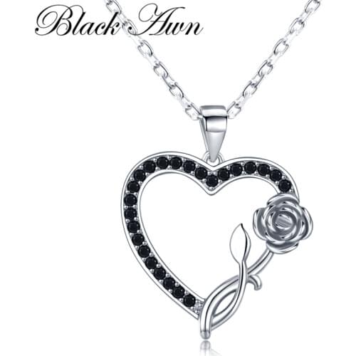 [BLACK AWN] Romantic 925 Sterling Silver Jewelry Heart Necklace for Women Black Spine Female Rose Lovers Gift K008