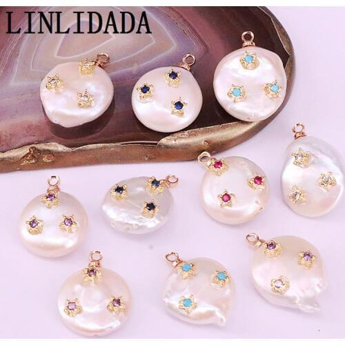 10Pcs Natural Pearl Beads, CZ Pave Freshwater Pearl Beads Round Pendant Charms for Earring Necklace Jewelry Diy Making