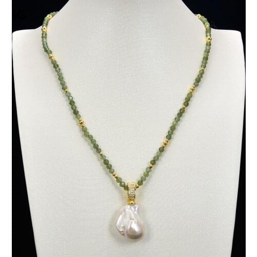 GuaiGuai Jewelry 19'' 6mm Natural Green Kyanite Necklace Cultured White Keshi Pearl Pendant