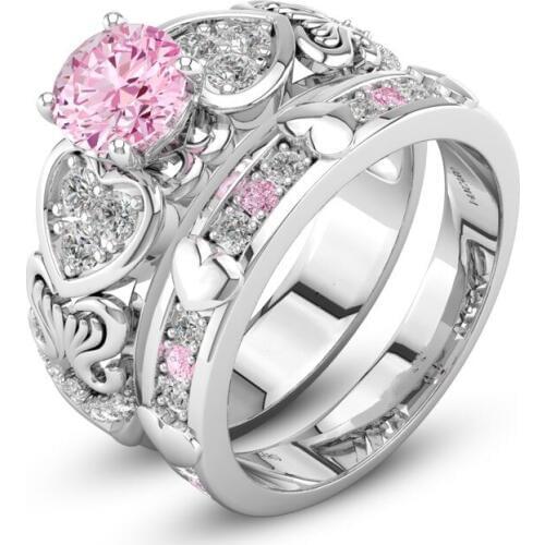 Hainon Sweet Heart Silver Color Rings Sets Pink Cubic Zirconia Wedding Party Ring Sets Fashion Brand Women Luxury Jewelry