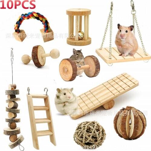Hamster Chew Toys, Natural Wooden Pine Guinea Pigs Rats Chinchillas Toys Accessories Dumbells Exercise Bell Roller Tee WY70205
