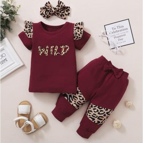 Leopard print suit for children, boys and girls, short sleeve letters, flying sleeves T-shirts trousers hair bands for infants