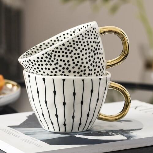 Creative Geometric Ceramic Cup with Gold Handle Handmade Coffee Cup Gilded Irregular Milk Tea Cup Unique Gift Office