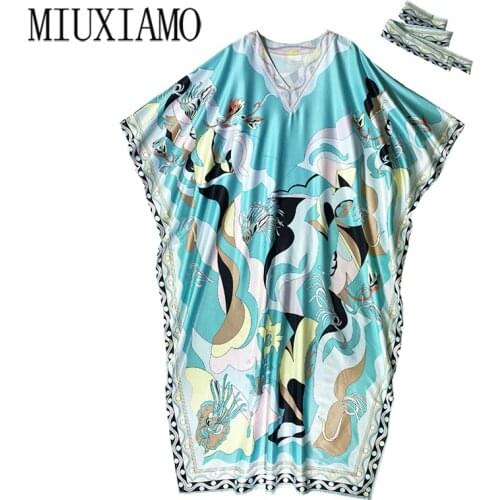 MIUXIMAO 2021 Bohemian Plus Size Dress o-neck Batwing Sleeve Maxi Dress Women Silk Floor Length Flower Print Kaftan Dress Belt