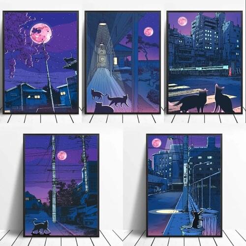 Home Decor Prints Japan Cat City Anime Canvas Painting Stree Black Cat Pictures Wall Art Modular City Night View Poster Bedroom