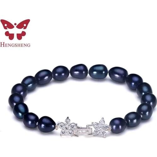 2019 New Black Natural Pearl Fashion Jewelry Bracelet For Women,8-9 mm Rice Round Freshwater Real Pearl With Star Shape Buckle