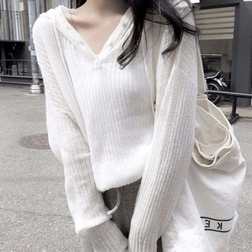 Pneime New Woman Sweater Coat Loose Hooded Woman Coat Thin V-Neck Sweater Gentle Wind Bottoming Shirt Loose Lazy Blouse Women