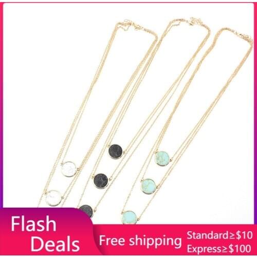 Multilayer Round Black White Green Kallaite Stone Pendant Necklace Gold Chain Sweater Necklace Geometric Body Jewelry