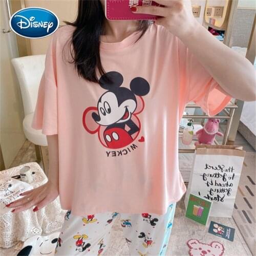 Colorful cartoon Mickey print summer new pajamas womens hooded short-sleeved trousers cute pattern milk silk home service
