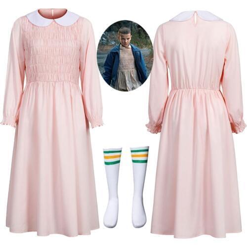 Elevens Long Sleeve Pink Dress Costume For Stranger Things Halloween Cosplay Women Girl Doll Collar Evening Party Beading Dress