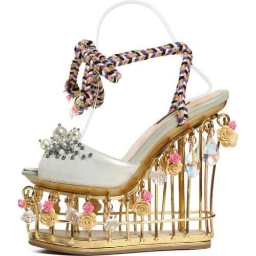 Luxury Summer Crystal Super High Heel Bird Cage Rhinestone Flower Handmade Womens Sandals Bird Cage high wedge lace up sandal