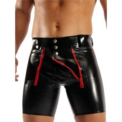 Sexy Mens Underwear Boxers Front Zipper Open PU Leather Lingerie Stage Rivet Patent Leather Boxers Shorts Underwear S-XXXXL