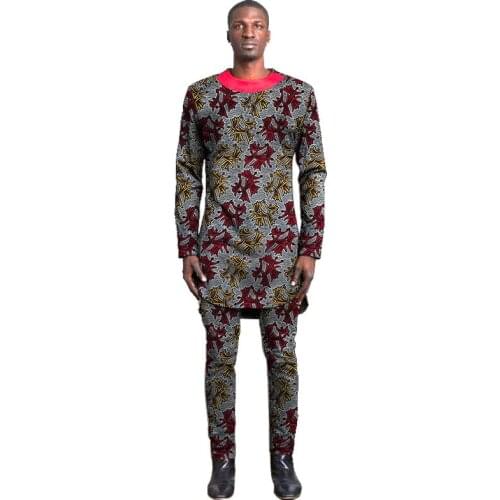 Vintage Fashion Mens Suits Ghana Shirts+African Pattern Pants Set Clothes Male Outfits Custom Nigerian Festival Garments