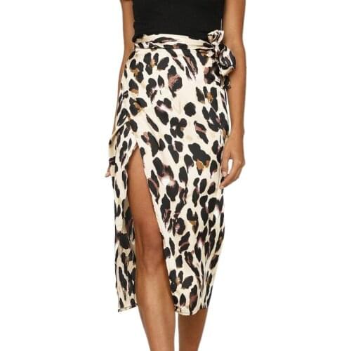 C5AF Women Sexy Belted High Waist Midi Long Wrap Skirt Boho Vintage Leopard Print Asymmetric Split Summer Cocktail Party Pencil