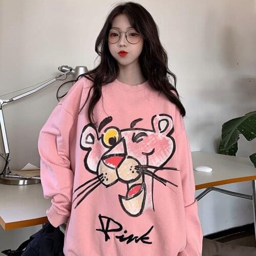 Pink Panther cartoon Hoodie Woman fall 2021 new looser Korean animal oversized long-sleeved T-shirt on Japanese fashion Ins
