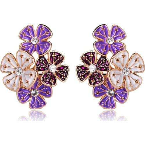 OI Fashion Style Purple Flower Stud Earrings Alloy Enamel Crystal Womens Wedding Banquet Party Accessories Exquisite Gifts