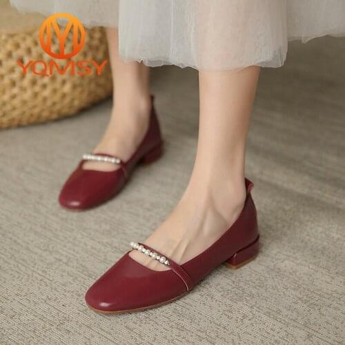 YQMSY Casual Women Pumps Handmade Square Toe String Bead Solid Genuine Leather Slip-On Pumps Casual Office Flat Heel Shoes AS90