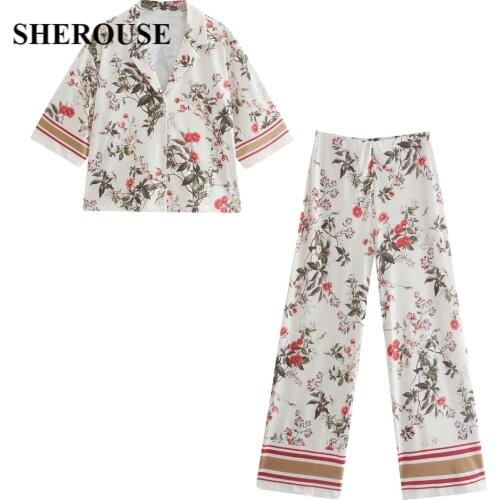 2021 Two piece set Women Vintage Floral Printed Half Sleeves Shirt Casual Wide Leg Trousers Woman Outfit Pants Sets Suits Summer