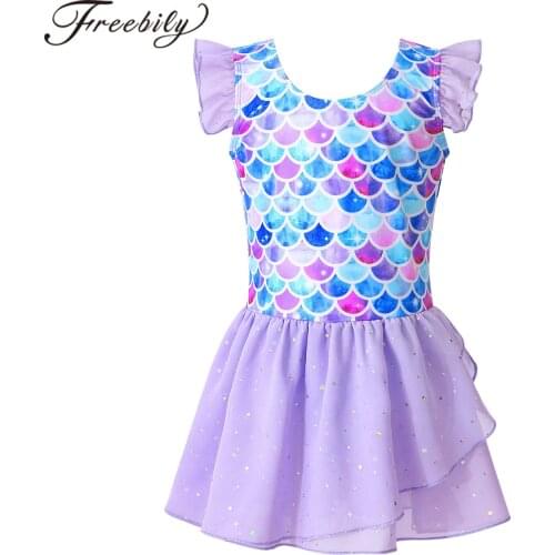 Girls Ballet Dress Shiny Sequins Ruffle Sleeveless Fish Scales Print Ballet Dance Gymnastics Leotard Tutu Dress Kids Dance Wear