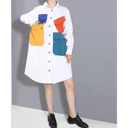 Johnature Fashion New Shirt Dresses 2021 Summer Turn-down Collar Patchwoek Pockets Button Irregular Women Dress