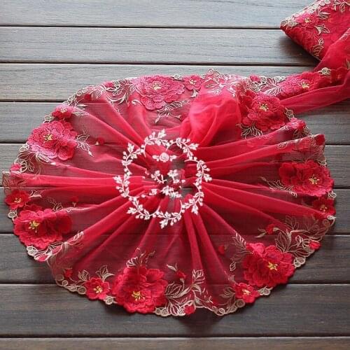 2yards/lot Diy Craft Embroidered Floral Tulle Lace Trim in Red, Mesh Embroidery Lace Trim