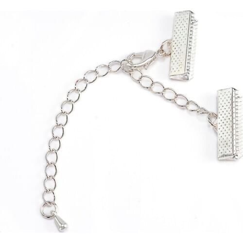 20Pcs 20mm Silver Color Leather Cord End Caps End Clasps With Lobster Clasp Extender Chain For DIY Accessorie Bracelet Connector