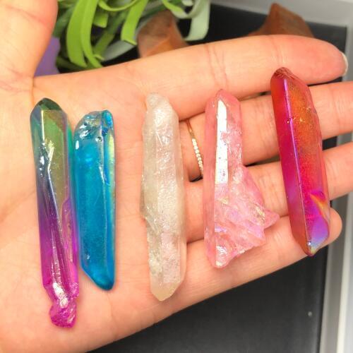 5pcs Aura Quartz Crystal Point Rainbow Titanium Treated Quartz Wand Natural Quartz Crystal Minerals Jewerly Accessory DIY Gift