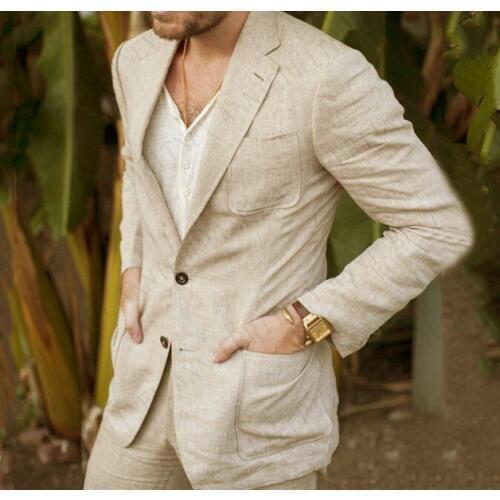 ANNIEBRITNEY 2019 Linen Summer Casual Men Suit Slim Fit Suit for Men Party Wedding Groom Suit Custom Beach Men Suit Tuxedos Set