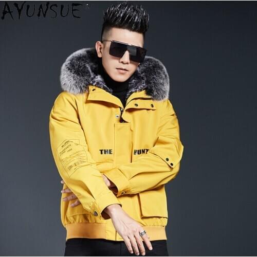 AYUNSUE Winter Jacket Men Clothing Hooded Parka Real Rabbit Fur Coat 100% Fox Fur Collar Cotton Sleeves Ropa De Hombre LXR844